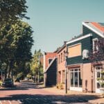Słoneczna ulica mieszkalna w Zaandam z drzewami i kamienicami